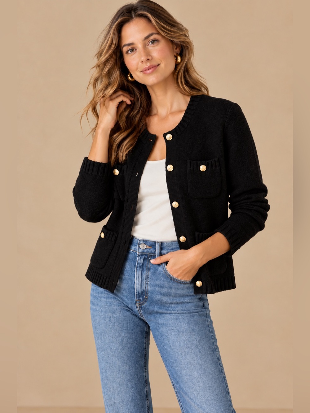 Talbots Black Lady Jacket Cardigan Gold Button Crewneck Large Petite LP Preppy